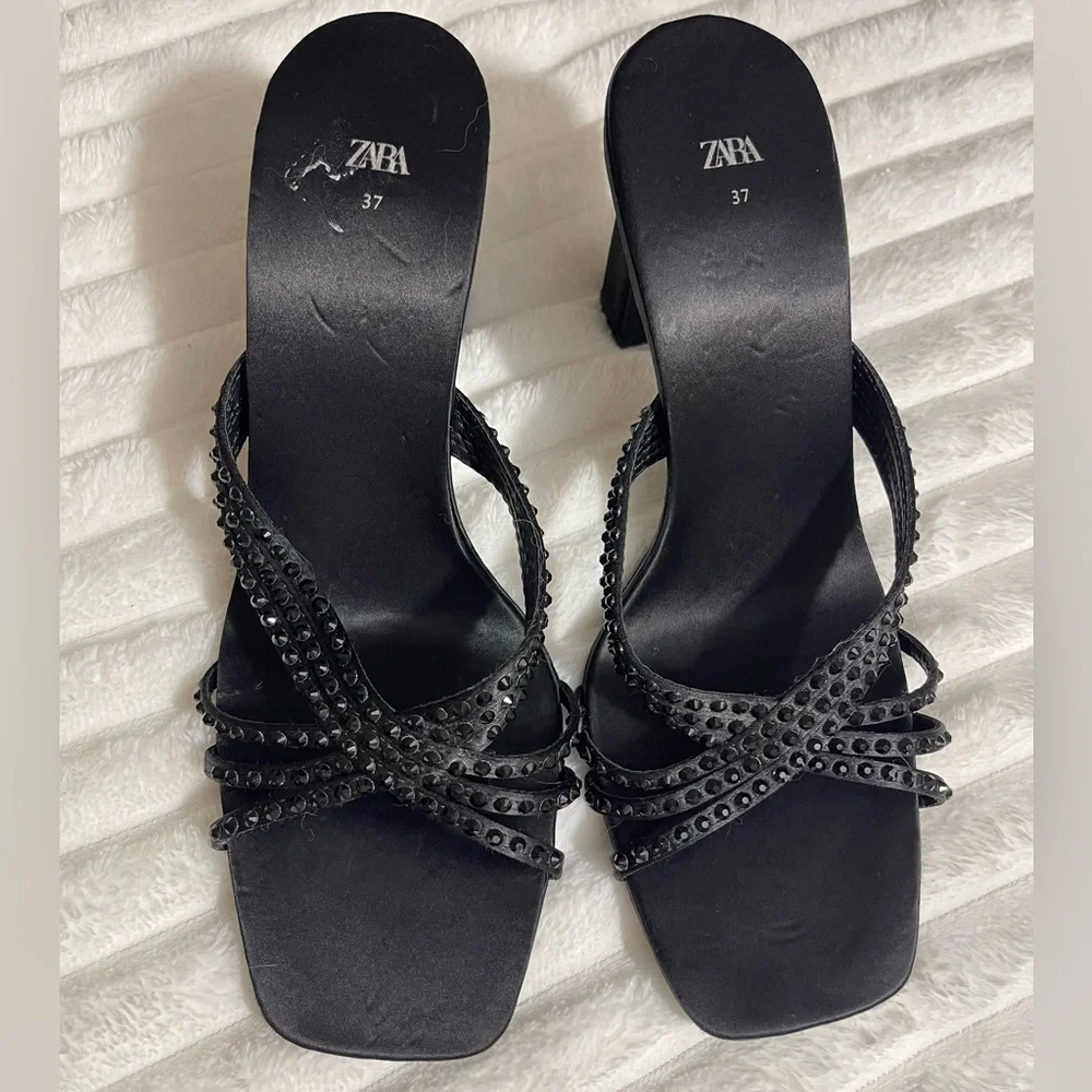 Zara Black Satin Effect Rhinestone Heeled Sandals - Picture 2 of 7